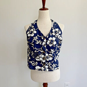 Hilo Hattie's Hawaiian Womens Hibiscus Top Button down Blue Size XL Crop Halter